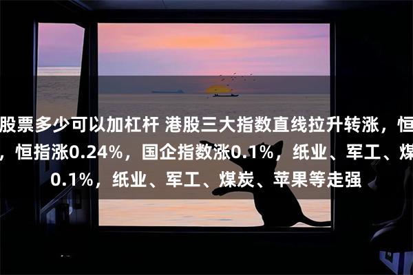 股票多少可以加杠杆 港股三大指数直线拉升转涨，恒生科技涨0.19%，恒指涨0.24%，国企指数涨0.1%，纸业、军工、煤炭、苹果等走强